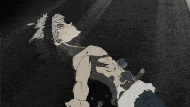 a drawing of a shirtless anime character with a sword in his belt
