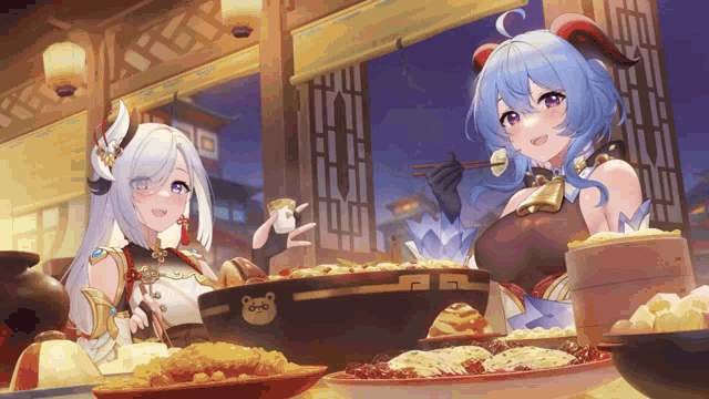 a couple of anime girls are sitting at a table eating food