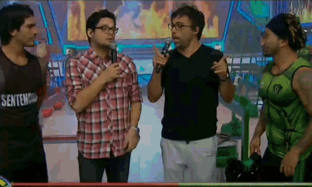 a group of men are standing in front of a screen that says sentencio
