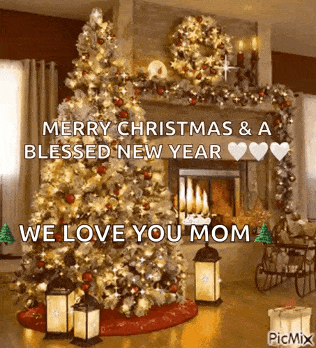 a merry christmas and a blessed new year greeting card with a christmas tree and a fireplace