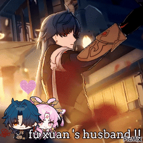 a picture of a man and a woman with the words fu xuan 's husband written below them