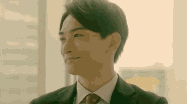 a man in a suit and tie is smiling while looking out a window .