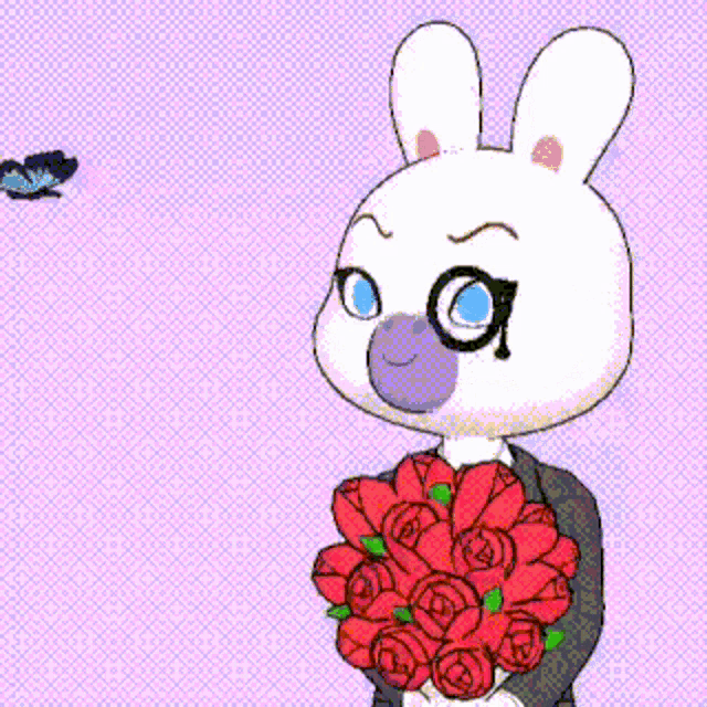 a cartoon rabbit is holding a bouquet of red roses and a butterfly is flying in the background