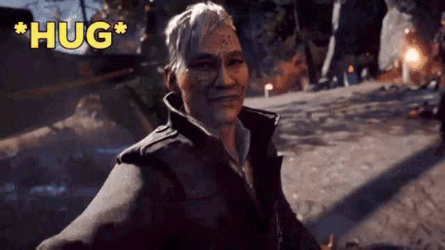 a man in a video game is smiling and says " hug "