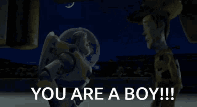 buzz lightyear from toy story is standing next to woody and says `` you are a boy '' .