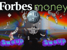 a forbes money advertisement with a disco ball and money falling around it