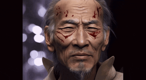 a close up of a man 's face with blood on his forehead