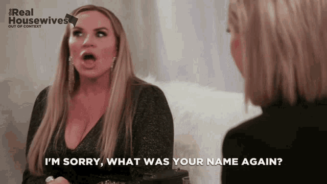 a woman says " i 'm sorry what was your name again " in front of a real housewives logo