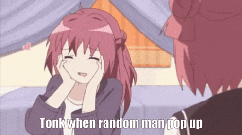 a girl with red hair is making a face while another girl says " tonky when random man pop up " .