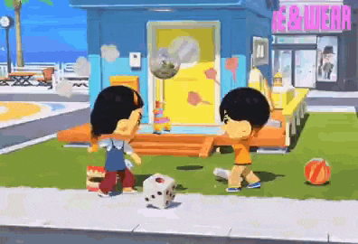 two cartoon characters are playing a game in front of a store that says kebab wear