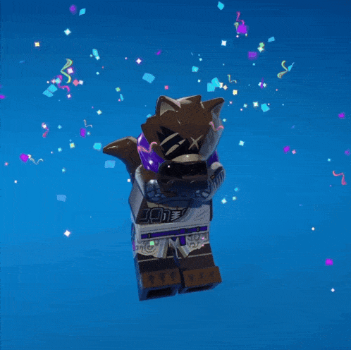 a lego raccoon is holding a gun and surrounded by confetti on a blue background