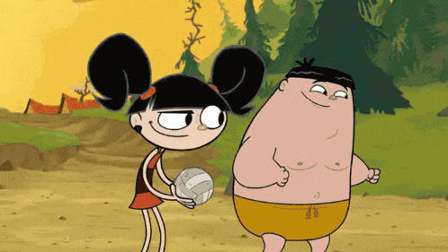 a cartoon of a girl holding a volleyball next to a shirtless man