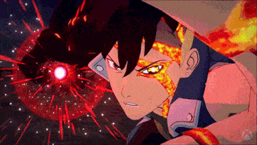 a close up of a cartoon character 's face with fire coming out of it