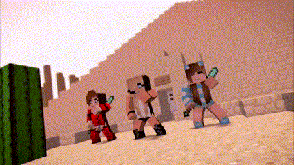 a group of minecraft characters standing next to each other on a sandy beach