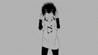 a black and white drawing of a boy wearing headphones and a shirt with a music note on it .