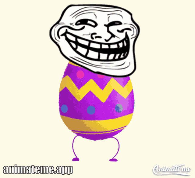 a troll face is on a purple and yellow egg