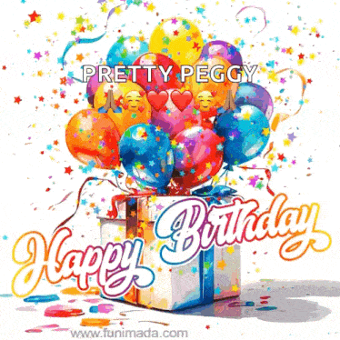 pretty peggy happy birthday greeting card with balloons and a gift box