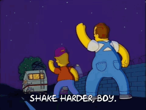 a cartoon says shake harder boy on the bottom right