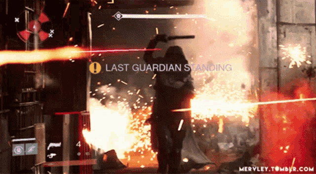a video game screen shows a man holding a gun and says last guardian standing