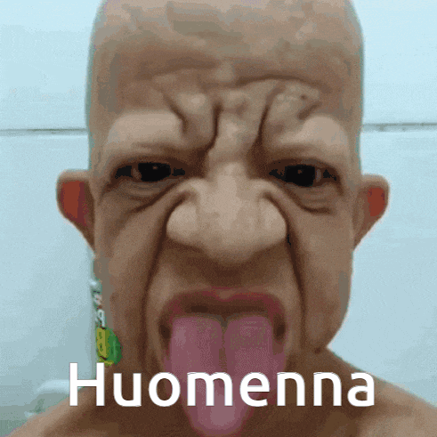 a bald man with his tongue out and the word huomenna on the bottom right