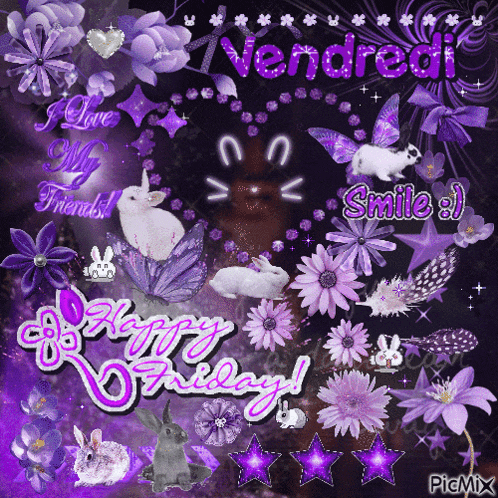 a collage of purple flowers and rabbits with the words happy friday