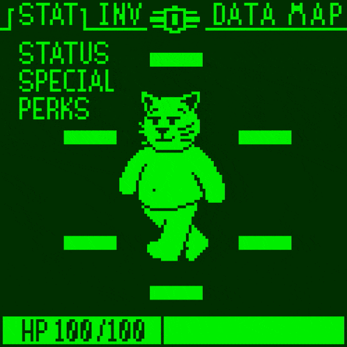 a green screen with a cat and the words status special perks on it