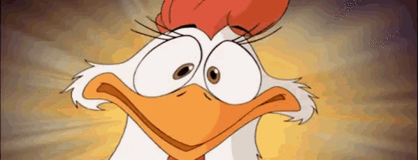 a close up of a cartoon chicken with a surprised look on her face