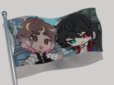 a small flag with a picture of a girl and a boy on it
