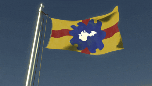 a yellow red and blue flag with a puzzle piece in the middle