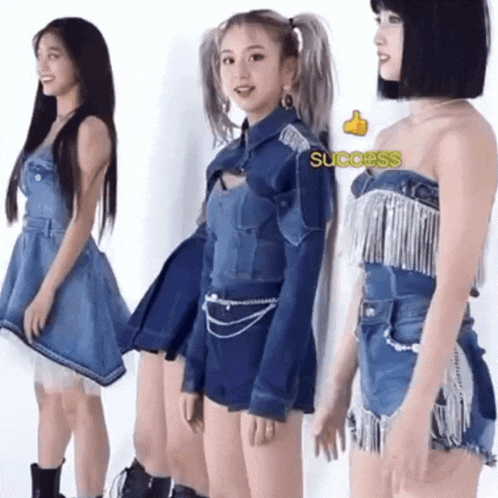 three women in denim dresses are standing next to each other and the word success is on the bottom