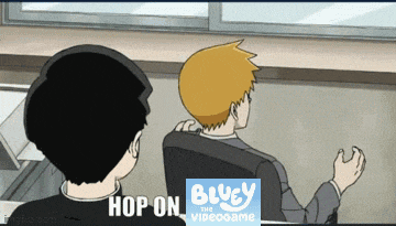 a cartoon of two men sitting in front of a window with the words hop on bluey the videogame
