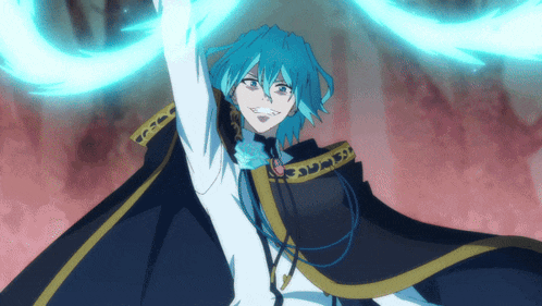a cartoon character with blue hair and a cape that says ' a ' on it