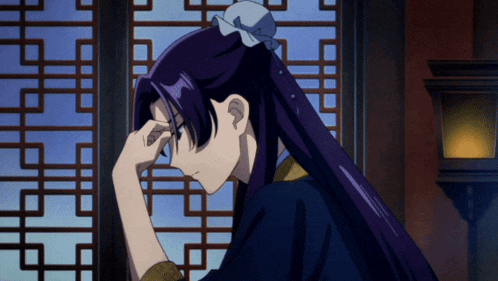 a girl with purple hair is looking out a window