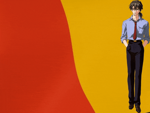 a man in a blue shirt and red tie is standing in front of a yellow and red background