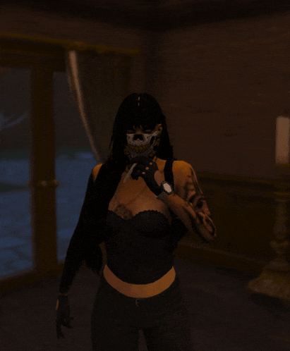 a woman is wearing a skull mask and gloves