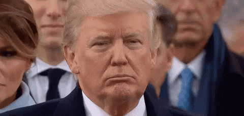 donald trump is making a funny face while standing in front of a crowd .