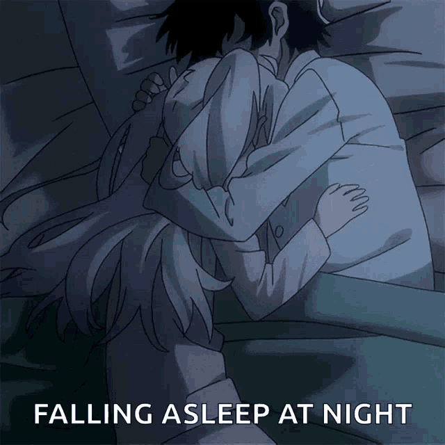 a man and a woman hugging in bed with the words falling asleep at night below them