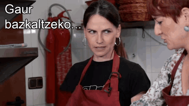 two women are standing in a kitchen with the words " gaur bazkalteko " on the top