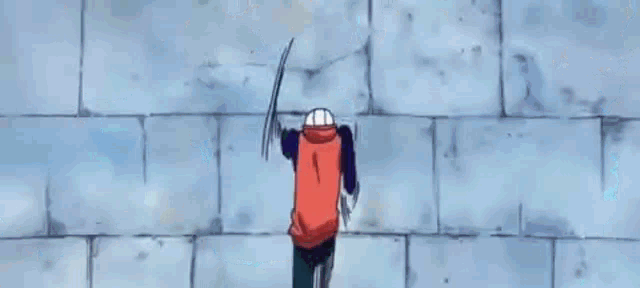 a cartoon character is holding a sword in his hand while standing in front of a wall .