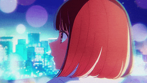 a girl with red hair is looking at a city