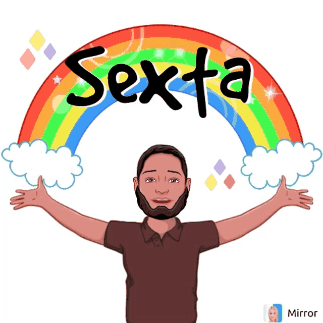 a man with his arms outstretched stands in front of a rainbow with the word sexta written on it