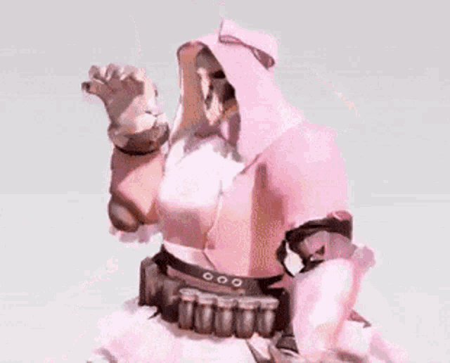 a woman in a pink dress and gloves is standing on a white background .