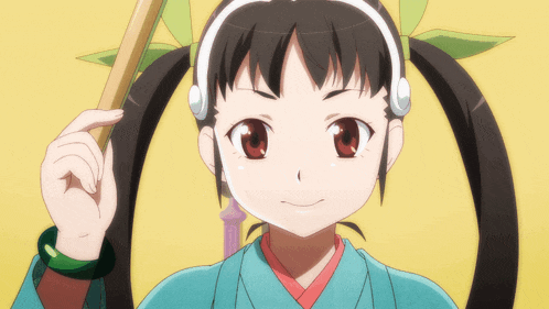 a girl with pigtails and headphones holds a stick