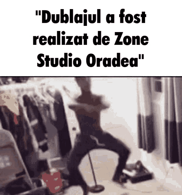 a man is standing in front of a microphone with the words " dublajul a fost realizat de zone studio oradea "