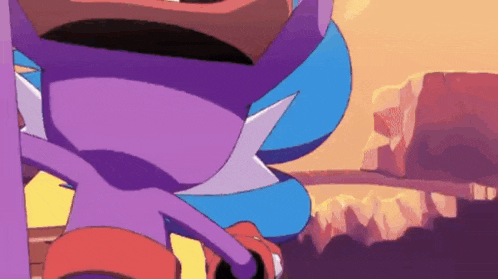 a purple and blue cartoon character is standing in front of a sunset .