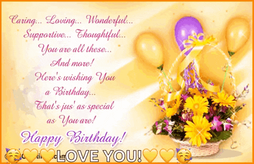 a birthday card with a basket of flowers and balloons says happy birthday in love you