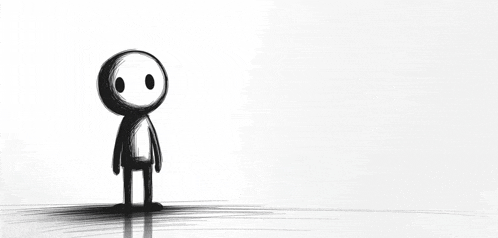 a black and white drawing of a cartoon character standing in the shadows on a white background .