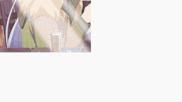 a couple of anime characters sitting at a table with plates of food in the background