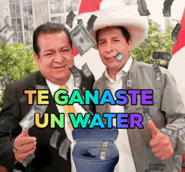 two men are giving a thumbs up in front of a toilet that says te ganaste un water