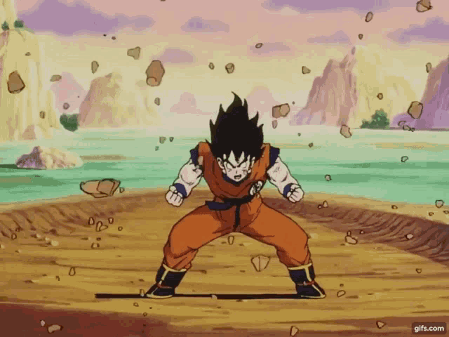 a cartoon character from dragon ball is standing in the dirt and rocks are falling around him